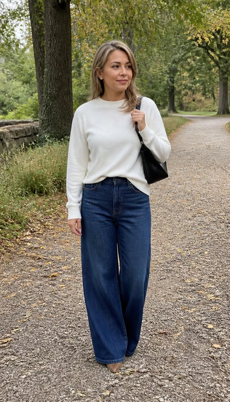 White Crewneck and Wide Leg Blue Jeans A photorealistic full body shot of a 48-year-old Latina woman with a oblong face, tan, button nose, softly curved eyebrows, and full lips. Her face features widow's peak hairline, a few laugh lines, and subtle natural facial asymmetry. She has downturned amber eyes, rounded cheeks, closed-mouth smile, thoughtful. She is petite with blonde layered hair hair and is wearing a white crewneck sweater and dark blue wide-leg jeans, carrying a black bag while walking along a gravel park path, no people in the background, high-quality mobile photography, shot on an iPhone 14.