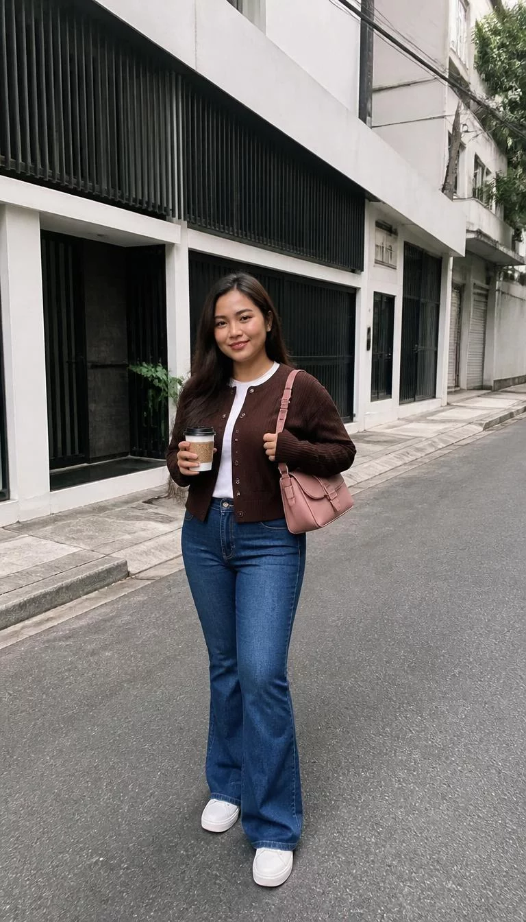 Dark Brown Cardigan and Flared Blue Jeans A photorealistic full body shot of a 26-year-old Southeast Asian woman with a round face, olive, narrow nose, feathered eyebrows, and thin lips. Her face features widow's peak hairline, slightly flushed cheeks, and subtle natural facial asymmetry. She has almond-shaped brown eyes, rounded cheeks, subtle smile, cheerful. She is athletic build with brunette hair and is wearing a dark brown button-up knit cardigan over a white tee and blue flared jeans, holds a coffee cup and a rose-colored bag, on a street, no people in the background, high-quality mobile photography, shot on an iPhone 14.