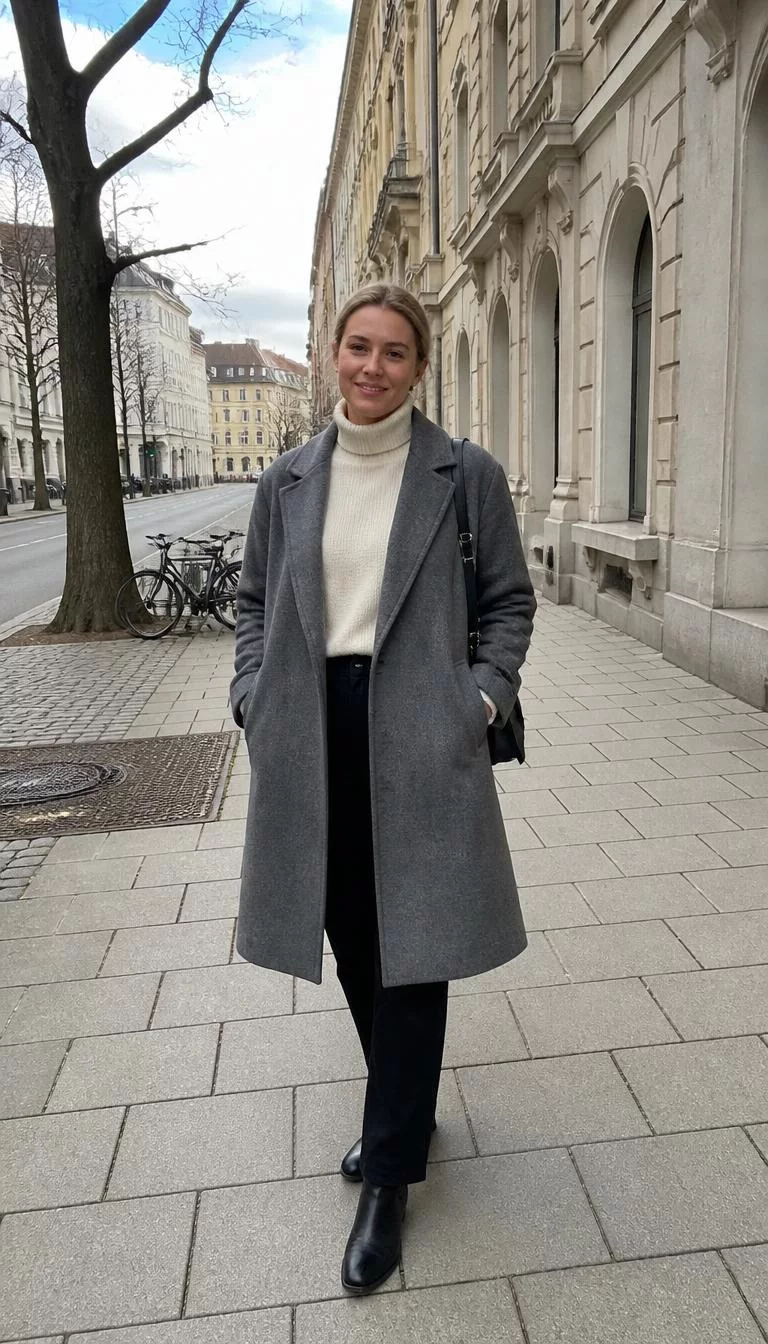 Grey Coat and Cream Turtleneck A photorealistic full body shot of a 31-year-old Southern European woman with a square face, tan, narrow nose, straight eyebrows, and thin lips. Her face features gap between front teeth, light freckles, and subtle natural facial asymmetry. She has hooded hazel eyes, rounded cheeks, subtle smile, cheerful. She is slim with blonde low bun hair and is wearing a grey coat over a cream turtleneck, black trousers, and ankle boots, on a city sidewalk in Munich, no people in the background, high-quality mobile photography, shot on an iPhone 14.