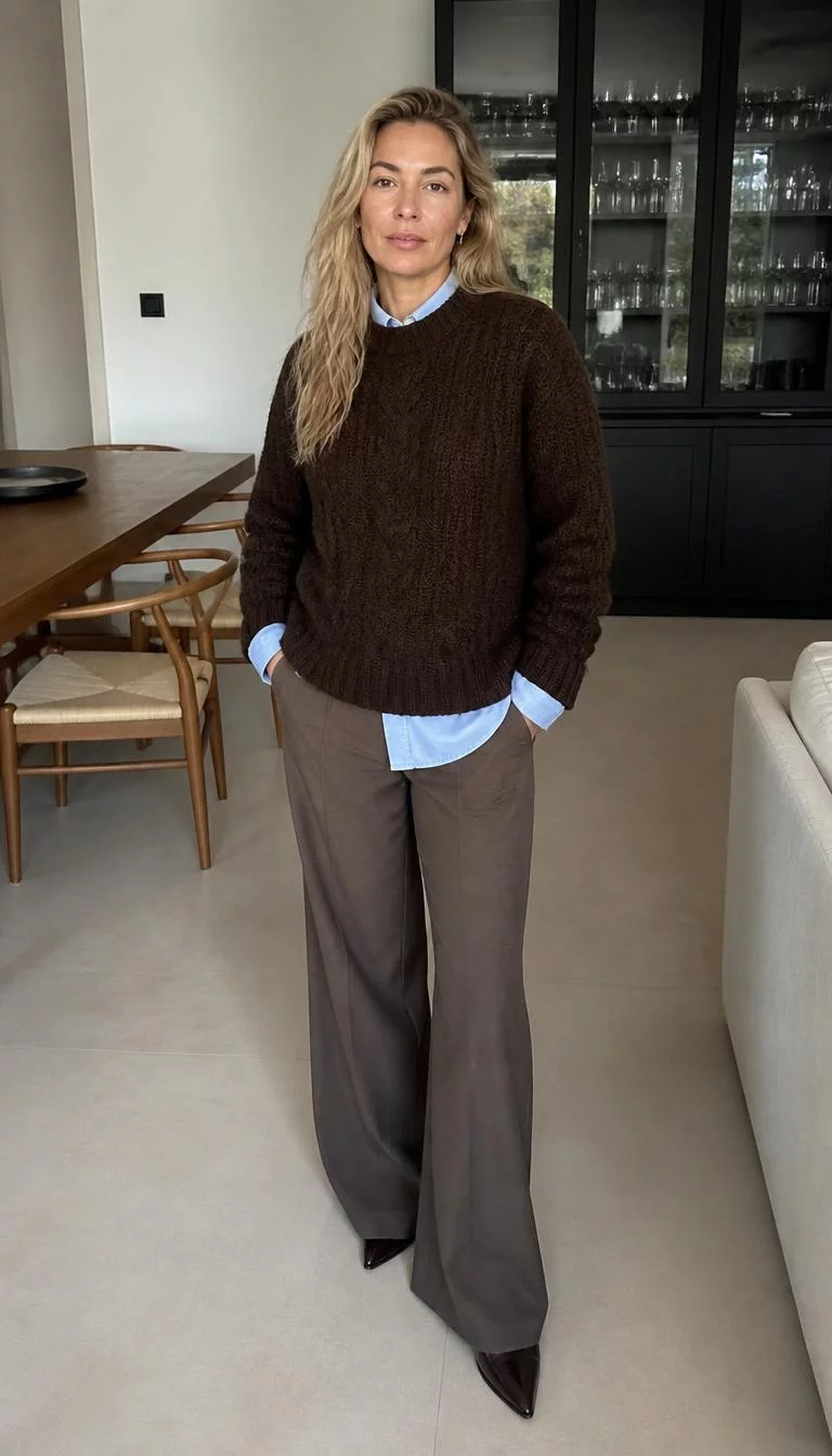 Dark Brown Cable Knit and Wide Leg Trousers A photorealistic full body shot of a 39-year-old Mediterranean woman with a round face, golden brown, rounded nose, softly curved eyebrows, and wide lips. Her face features beauty mark near the lip, light freckles, and subtle natural facial asymmetry. She has upturned amber eyes, high cheekbones, neutral expression, relaxed. She is average build with blonde hair and is wearing a dark brown cable-knit sweater over a blue button-down shirt and brown wide-leg trousers, in a contemporary interior, no people in the background, high-quality mobile photography, shot on an iPhone 14.