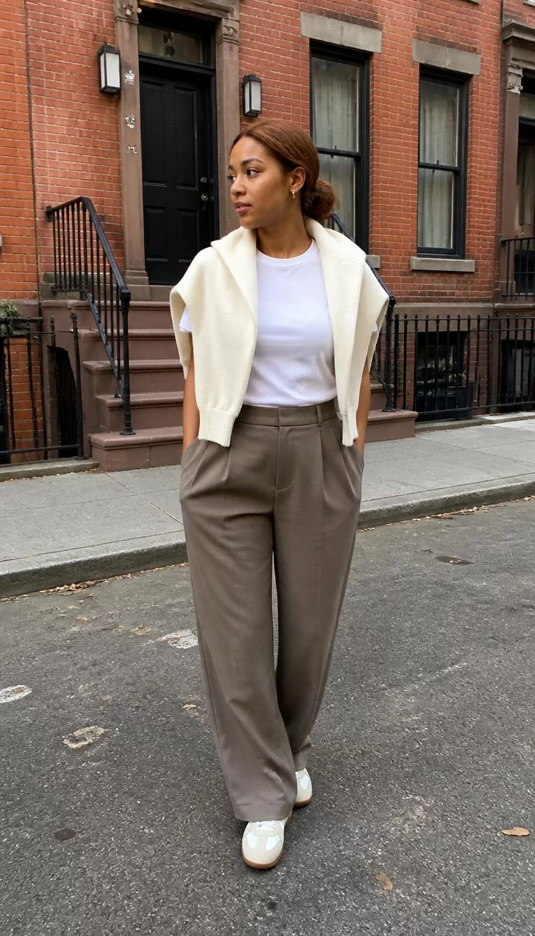 White Tee and Draped Cream Sweater A photorealistic full body shot of a 27-year-old Afro-Caribbean woman with a pear-shaped face, light, narrow nose, thin arched eyebrows, and full lips. Her face features beauty mark near the lip, visible pores, and subtle natural facial asymmetry. She has downturned brown eyes, soft cheekbones, subtle smile, thoughtful. She is average build with reddish-brown hair in a low bun and is wearing a white tee draped with a cream sweater, taupe trousers, and sneakers, in front of a red brick townhouse, no people in the background, high-quality mobile photography, shot on an iPhone 14.