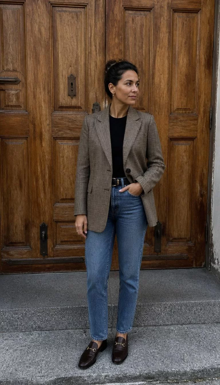 Plaid Brown Blazer and Blue Jeans A photorealistic full body shot of a 41-year-old Mixed-race woman with a diamond face, tan, aquiline nose, feathered eyebrows, and thin lips. Her face features beauty mark near the lip, faint under-eye shadows, and subtle natural facial asymmetry. She has upturned green eyes, pronounced cheekbones, closed-mouth smile, thoughtful. She is athletic build with dark brown hair in a claw clip hair and is wearing a plaid brown blazer, blue jeans, and loafers, stands before a large, rustic wooden double-door entrance, no people in the background, high-quality mobile photography, shot on an iPhone 14.