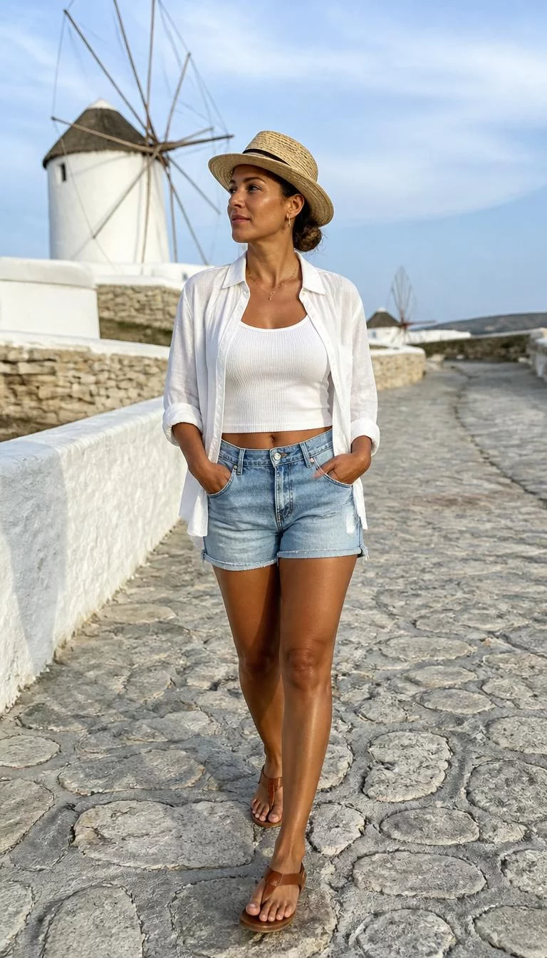 A photorealistic full body shot of a 43-year-old Afro-Caribbean woman with a diamond face, olive, aquiline nose, thin arched eyebrows, and wide lips. Her face features faint freckles across the nose, a few laugh lines, and subtle natural facial asymmetry. She has monolid amber eyes, pronounced cheekbones, broad smile, confident. She is petite with brown bun hair and is wearing a straw fedora, white button-down shirt, tank top, and denim shorts, cobblestone path near classic white windmills, no people in the background, high-quality mobile photography, shot on an iPhone 14.