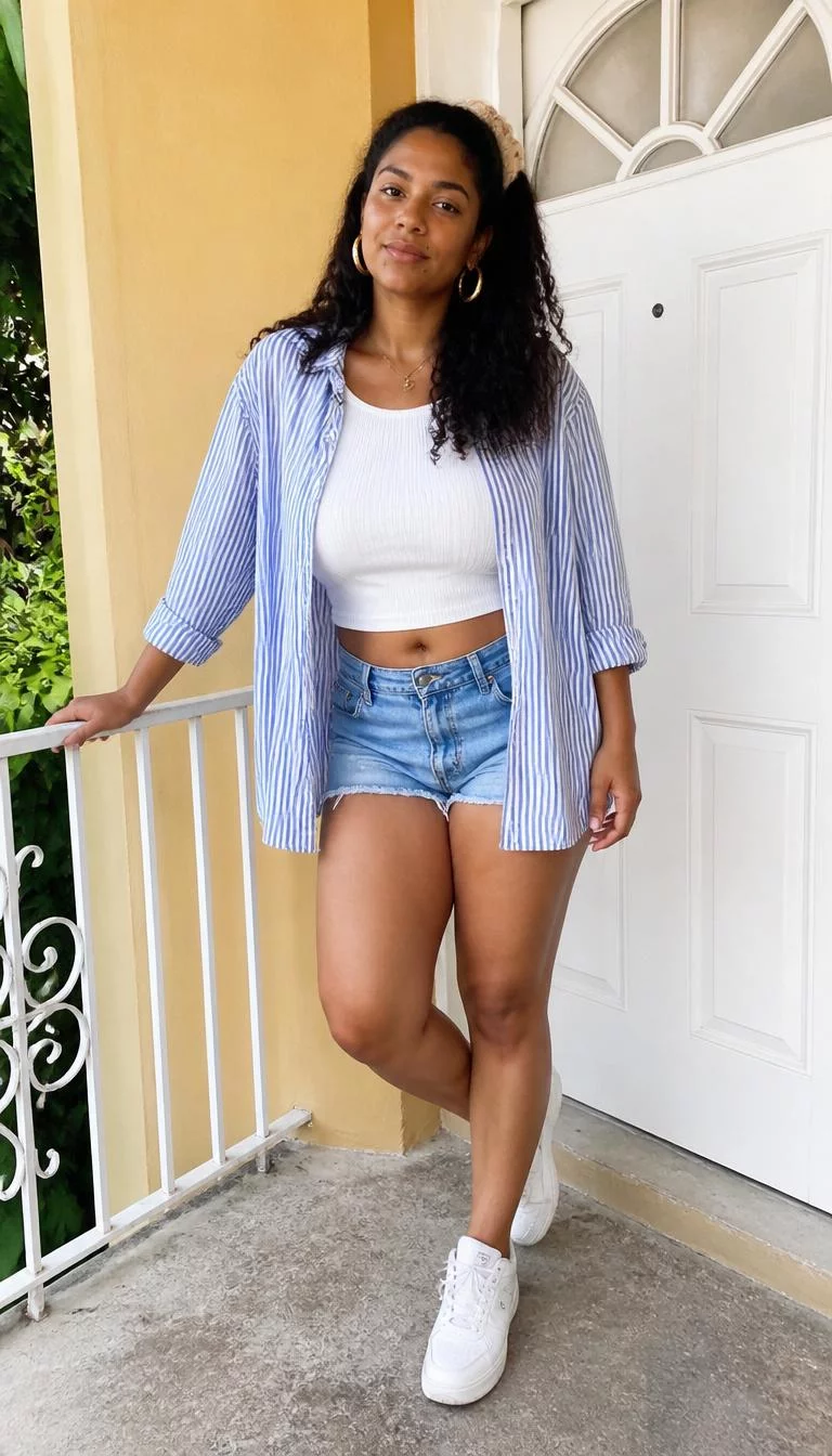 A photorealistic full body shot of a 31-year-old Afro-Caribbean woman with a round face, tan, button nose, softly curved eyebrows, and heart-shaped lips. Her face features beauty mark near the lip, faint under-eye shadows, and subtle natural facial asymmetry. She has almond-shaped dark brown eyes, rounded cheeks, subtle smile, thoughtful. She is athletic build with dark hair hair and is wearing a striped button-down shirt, white crop top, and denim shorts, golden earrings and a scrunchie, no people in the background, high-quality mobile photography, shot on an iPhone 14.