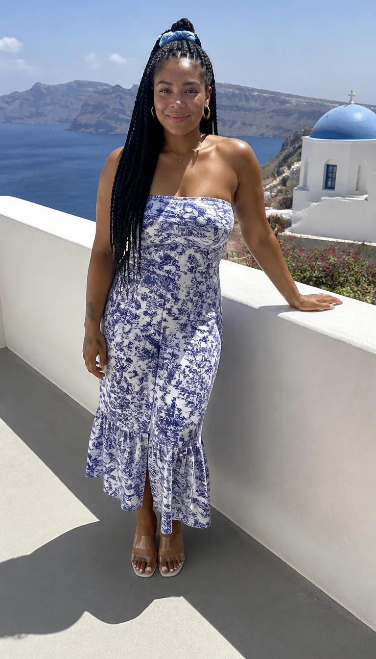 A photorealistic full body shot of a 35-year-old Afro-Caribbean woman with a square face, olive, straight nose, softly curved eyebrows, and full lips. Her face features dimples, a few laugh lines, and subtle natural facial asymmetry. She has almond-shaped blue eyes, rounded cheeks, subtle smile, playful. She is athletic build with black braided hair with blue ribbon hair and is wearing a blue and white toile-print strapless dress, on a terrace in sunny Greece, no people in the background, high-quality mobile photography, shot on an iPhone 14.