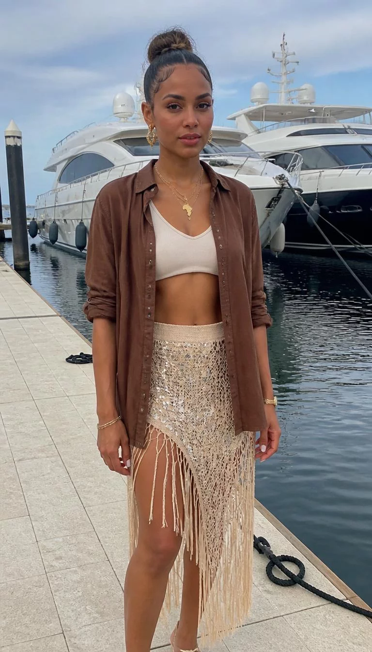 A photorealistic full body shot of a 28-year-old Afro-Caribbean woman with a diamond face, fair, upturned nose, thin arched eyebrows, and heart-shaped lips. Her face features slightly crooked smile, subtle acne marks, and subtle natural facial asymmetry. She has downturned amber eyes, high cheekbones, neutral expression, relaxed. She is average build with brown updo hairstyle hair and is wearing a brown linen shirt over a beige crop top and a sequined, tasseled crochet skirt, gold jewelry, standing by a yacht marina, no people in the background, high-quality mobile photography, shot on an iPhone 14.
