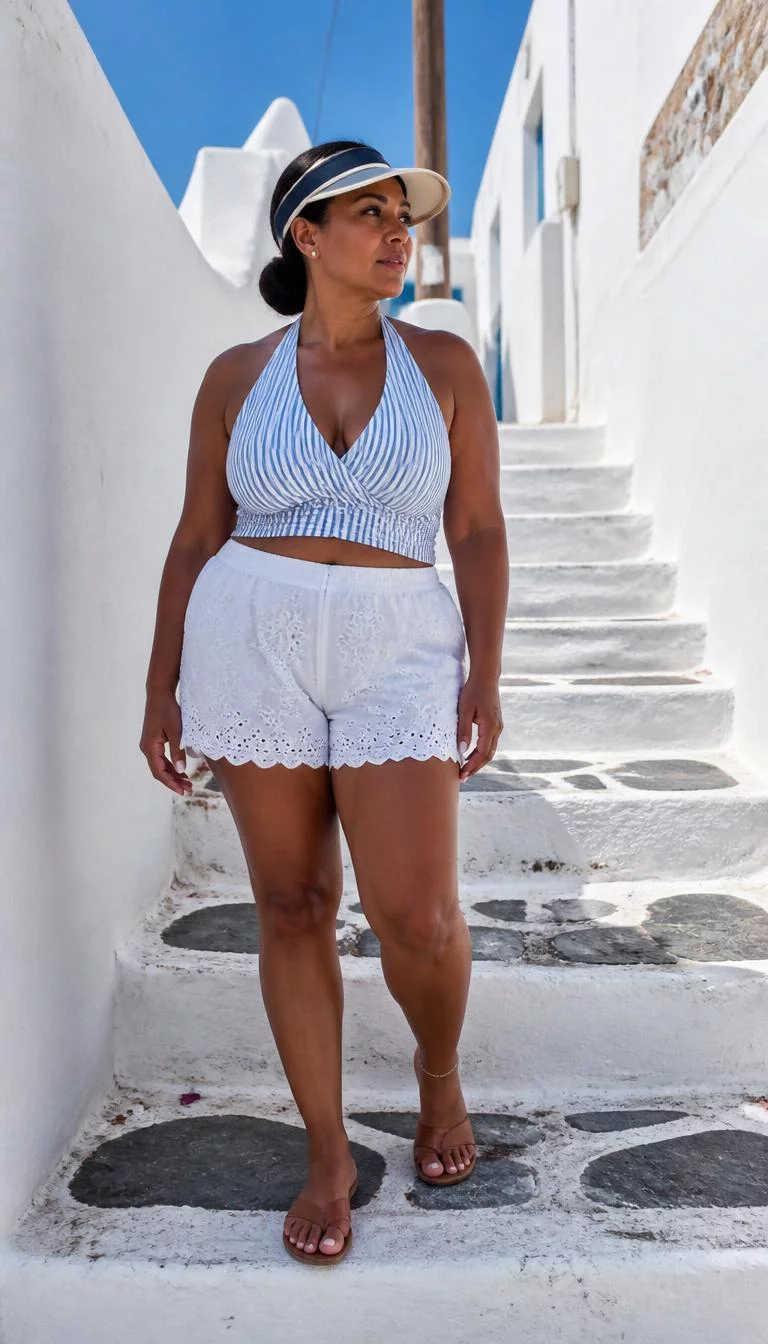 A photorealistic full body shot of a 49-year-old Afro-Caribbean woman with a pear-shaped face, deep brown, aquiline nose, thick natural eyebrows, and thin lips. Her face features widow's peak hairline, a few laugh lines, and subtle natural facial asymmetry. She has monolid brown eyes, high cheekbones, neutral expression, confident. She is curvy build with dark low bun hair and is wearing a blue-and-white striped halter crop top, embroidered white shorts, and a visor, staircase in Mykonos, no people in the background, high-quality mobile photography, shot on an iPhone 14.