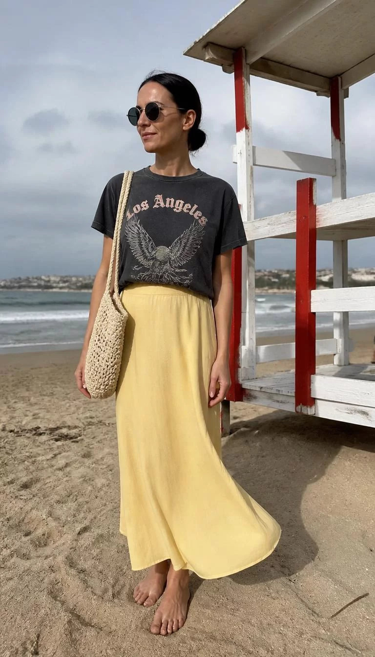 Graphic T-Shirt and Long Yellow Flowy Skirt A photorealistic full body shot of a 46-year-old Northern European woman with a pear-shaped face, olive, aquiline nose, thick natural eyebrows, and thin lips. Her face features dimples, visible pores, and subtle natural facial asymmetry. She has round blue eyes, pronounced cheekbones, broad smile, thoughtful. She is slim with dark brown hair in a sleek low bun hair and is wearing a graphic t-shirt, a long yellow flowy skirt, sunglasses, and a woven bag, on a sandy beach by a lifeguard tower, no people in the background, high-quality mobile photography, shot on an iPhone 14.