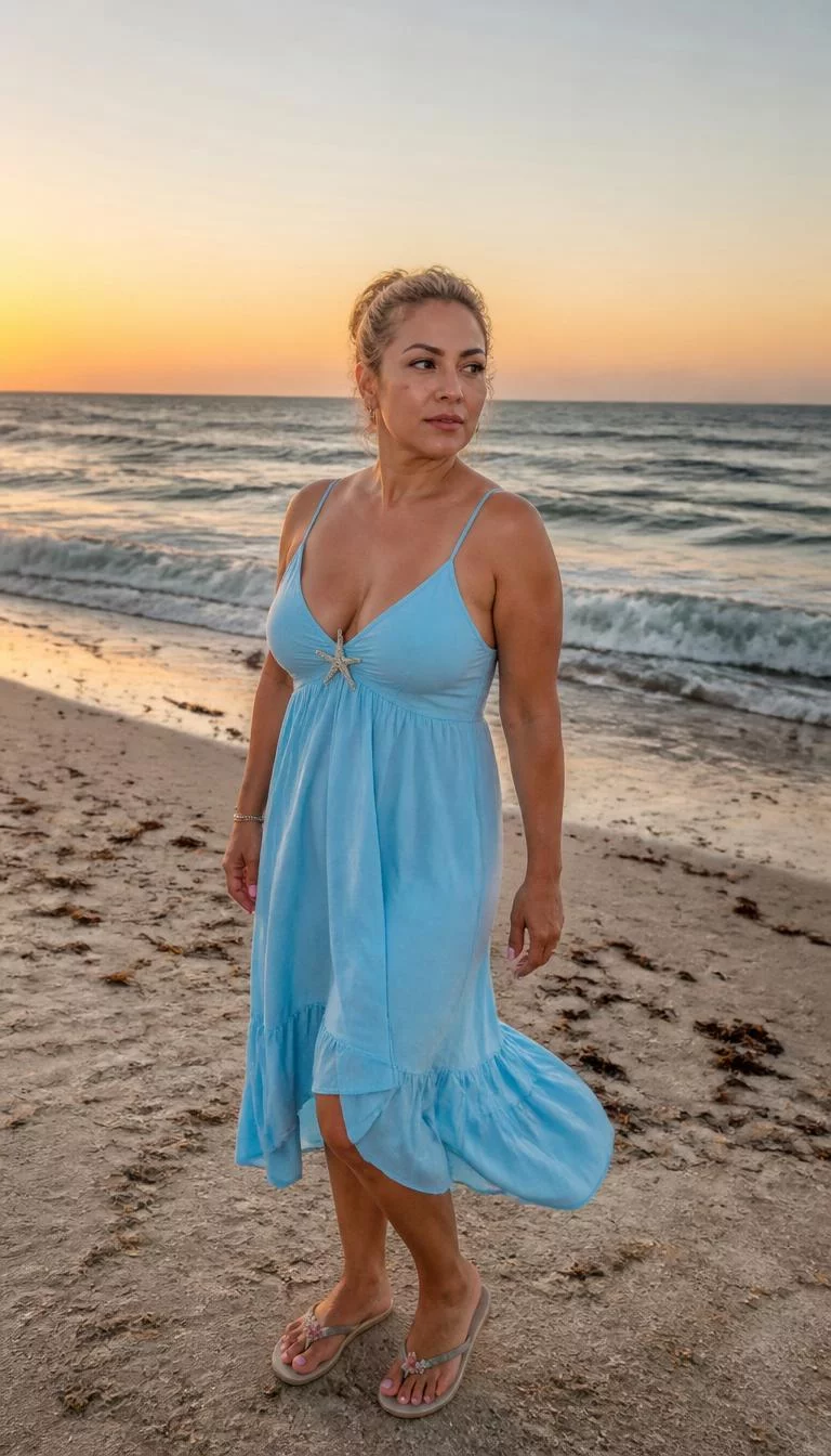 Light Blue Sundress with Starfish Detail and Floral Sandals A photorealistic full body shot of a 45-year-old Latina woman with a square face, olive, straight nose, thin arched eyebrows, and full lips. Her face features beauty mark near the lip, faint under-eye shadows, and subtle natural facial asymmetry. She has hooded amber eyes, high cheekbones, neutral expression, confident. She is curvy build with blonde hair in an updo hair and is wearing a light blue sundress with a starfish detail and floral sandals, at sunset on a sandy beach with the ocean behind her, no people in the background, high-quality mobile photography, shot on an iPhone 14.