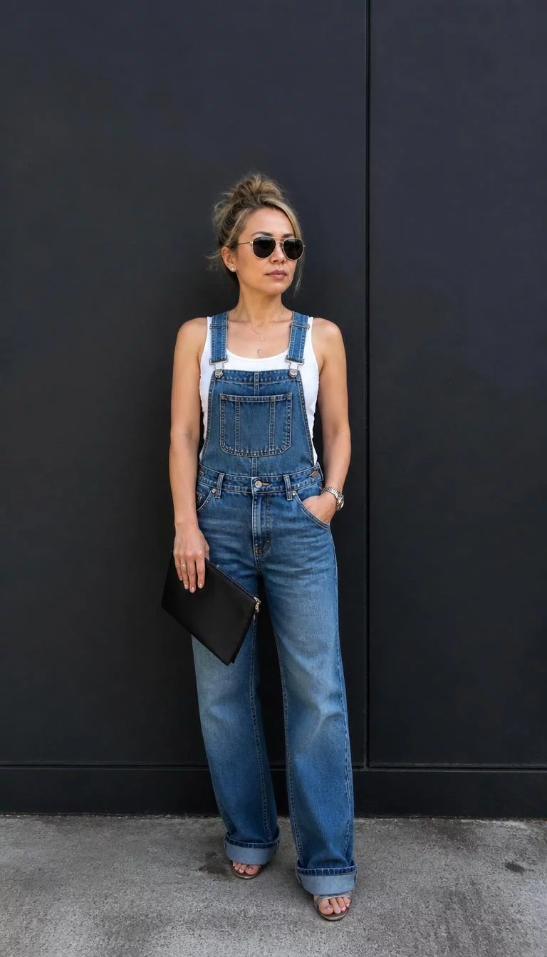 Denim Overalls and White Top with Clutch Bag A photorealistic full body shot of a 42-year-old East Asian woman with a square face, dark brown, button nose, straight eyebrows, and wide lips. Her face features widow's peak hairline, subtle acne marks, and subtle natural facial asymmetry. She has round dark brown eyes, soft cheekbones, neutral expression, confident. She is slim with blonde hair in a messy high bun hair and is wearing a denim overalls over a white top, paired with sunglasses and a clutch bag, standing against a dark minimalist wall, no people in the background, high-quality mobile photography, shot on an iPhone 14.