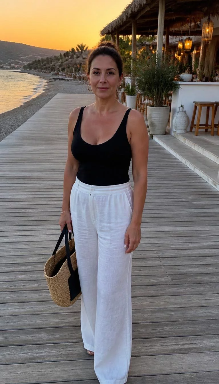 Black Tank Top and White Wide Leg Trousers A photorealistic full body shot of a 43-year-old Eastern European woman with a pear-shaped face, golden brown, aquiline nose, softly curved eyebrows, and wide lips. Her face features widow's peak hairline, slightly flushed cheeks, and subtle natural facial asymmetry. She has upturned gray eyes, soft cheekbones, neutral expression, relaxed. She is average build with dark brown updo hair and is wearing a black tank top and white wide-leg trousers, carrying a woven bag on a wooden boardwalk near a beachside restaurant at sunset, no people in the background, high-quality mobile photography, shot on an iPhone 14.