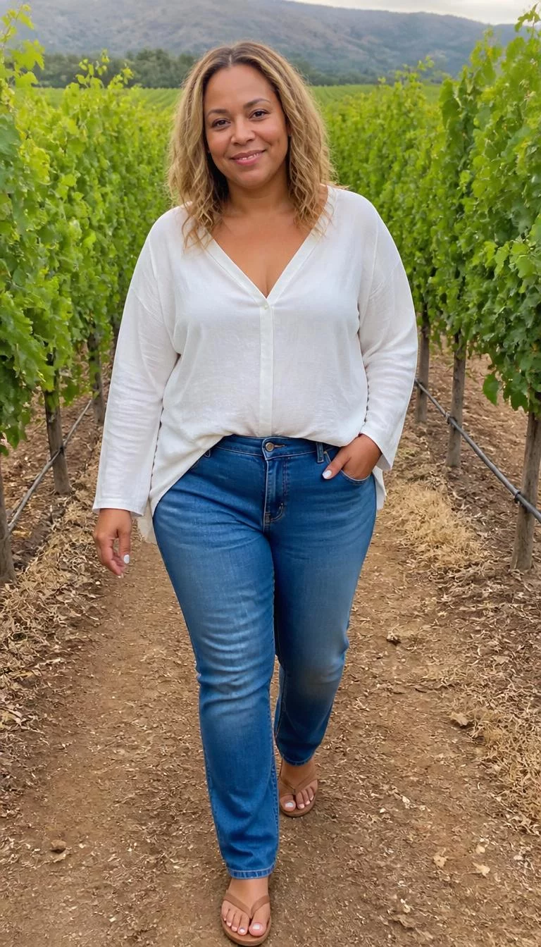 White Blouse and Classic Blue Jeans A photorealistic full body shot of a 42-year-old Mixed-race woman with a pear-shaped face, golden brown, broad nose, thin arched eyebrows, and wide lips. Her face features dimples, slightly flushed cheeks, and subtle natural facial asymmetry. She has round gray eyes, high cheekbones, broad smile, thoughtful. She is curvy build with blonde shoulder-length wavy hair and is wearing a loose white blouse and blue jeans, a vineyard setting with grapevines on both sides of the path, no people in the background, high-quality mobile photography, shot on an iPhone 14.