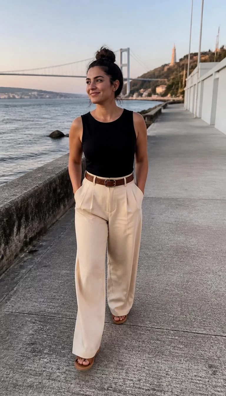 Black Tank Top and Beige Trousers with Brown Belt A photorealistic full body shot of a 32-year-old Middle Eastern woman with a diamond face, dark brown, upturned nose, thick natural eyebrows, and full lips. Her face features faint freckles across the nose, visible pores, and subtle natural facial asymmetry. She has hooded green eyes, rounded cheeks, broad smile, thoughtful. She is petite with brunette hair in a messy bun hair and is wearing a black sleeveless tank top, beige wide-leg trousers, and a brown waist belt, walking along a scenic waterfront, no people in the background, high-quality mobile photography, shot on an iPhone 14.