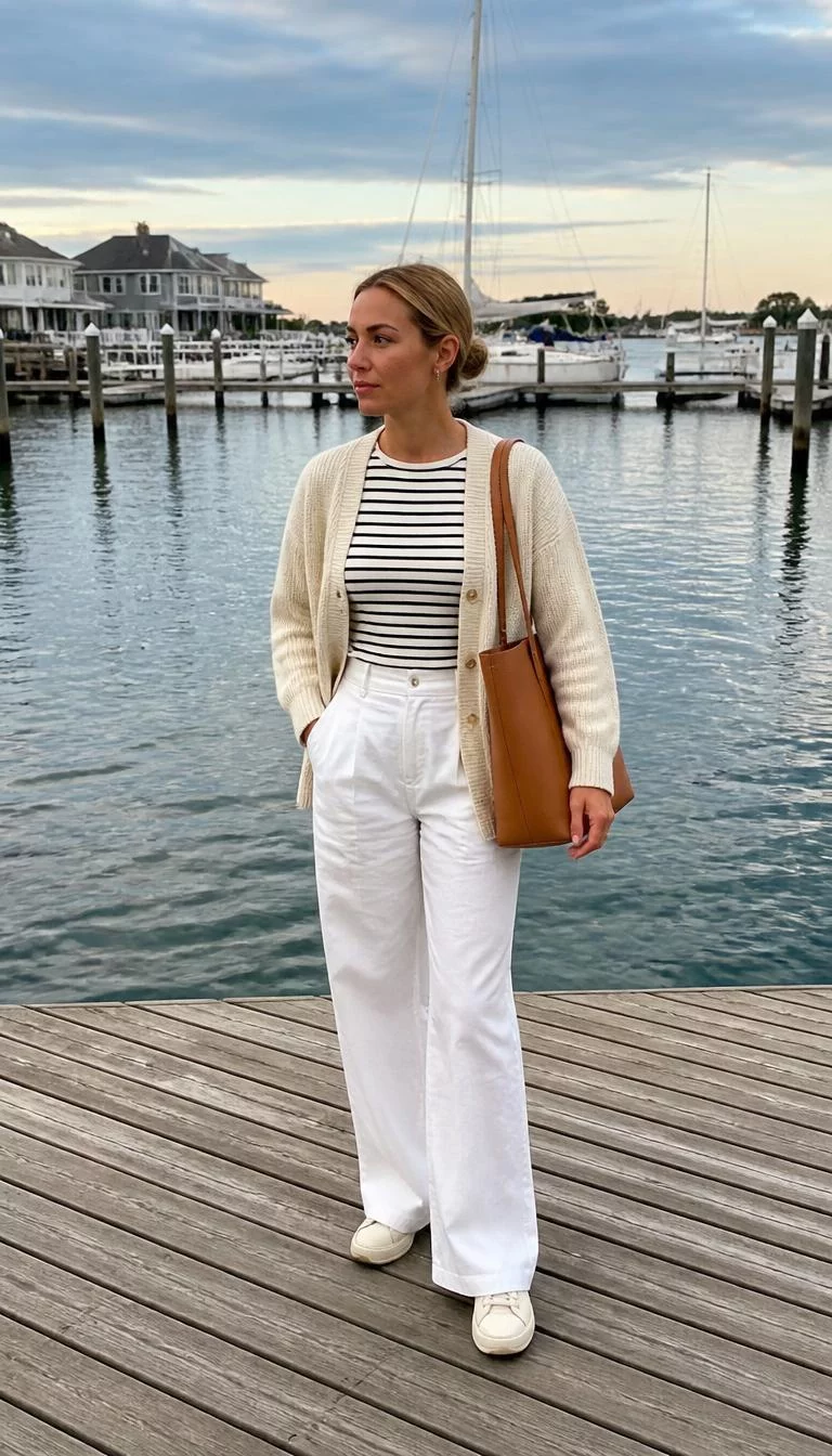 Striped Top with White Trousers and Large Tote Bag A photorealistic full body shot of a 36-year-old Mixed-race woman with a heart-shaped face, golden brown, aquiline nose, straight eyebrows, and thin lips. Her face features dimples, subtle acne marks, and subtle natural facial asymmetry. She has hooded gray eyes, high cheekbones, neutral expression, relaxed. She is slim with blonde hair in a low bun hair and is wearing a striped top, cream sweater, white trousers, and a large tan tote bag, a boat dock, no people in the background, high-quality mobile photography, shot on an iPhone 14.