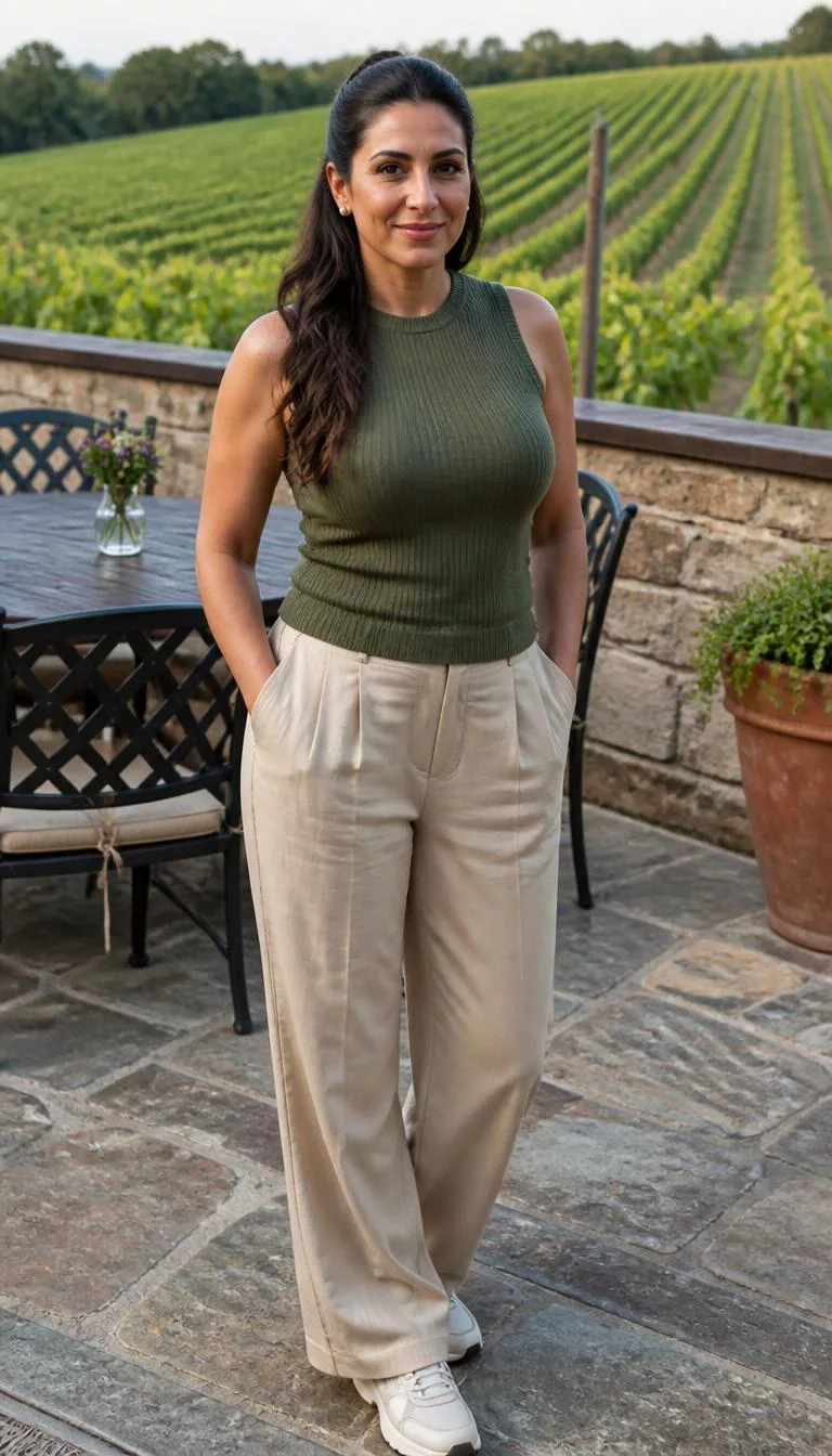 Olive Knit Top and Beige Trousers A photorealistic full body shot of a 42-year-old Middle Eastern woman with a oblong face, tan, rounded nose, feathered eyebrows, and thin lips. Her face features slightly crooked smile, faint under-eye shadows, and subtle natural facial asymmetry. She has monolid hazel eyes, high cheekbones, closed-mouth smile, relaxed. She is curvy build with brunette long wavy hair tied back hair and is wearing an olive green sleeveless knit top, beige trousers, and pearl earrings, a vineyard outdoor seating area, no people in the background, high-quality mobile photography, shot on an iPhone 14.
