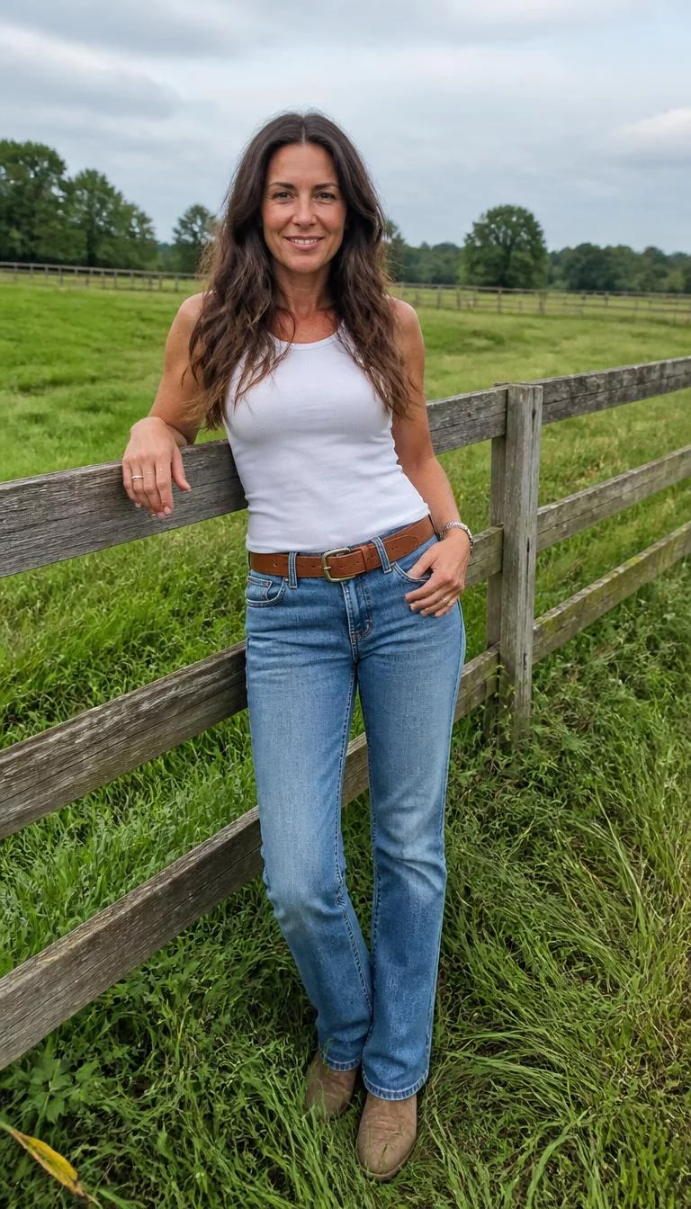 Sleeveless White Top and Blue Jeans with Leather Belt A photorealistic full body shot of a 47-year-old Northern European woman with a square face, tan, rounded nose, softly curved eyebrows, and thin lips. Her face features dimples, light freckles, and subtle natural facial asymmetry. She has deep-set hazel eyes, rounded cheeks, subtle smile, relaxed. She is slim with dark brown long wavy hair and is wearing a sleeveless white top, blue jeans, and a brown leather belt, a lush grassy outdoor field leaning against a wooden fence, no people in the background, high-quality mobile photography, shot on an iPhone 14.
