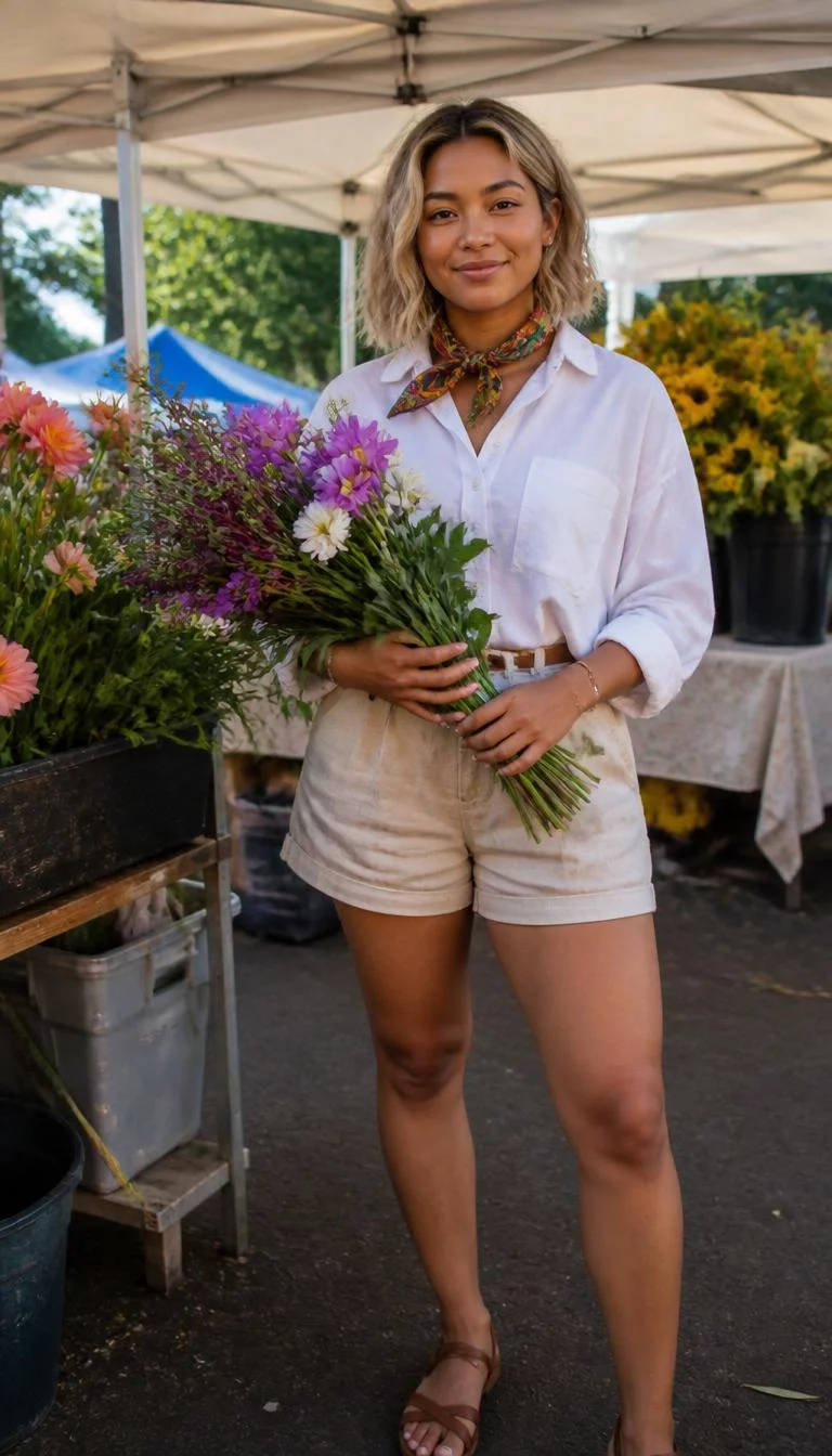 White Button Down and Linen Shorts with Neck Scarf A photorealistic full body shot of a 29-year-old Latina woman with a round face, tan, button nose, feathered eyebrows, and wide lips. Her face features slightly crooked smile, a few laugh lines, and subtle natural facial asymmetry. She has monolid amber eyes, soft cheekbones, subtle smile, confident. She is athletic build with blonde shoulder-length wavy hair and is wearing a white button-down shirt, beige linen shorts, and a colorful neck scarf, an outdoor farmer's market holding flowers, no people in the background, high-quality mobile photography, shot on an iPhone 14.