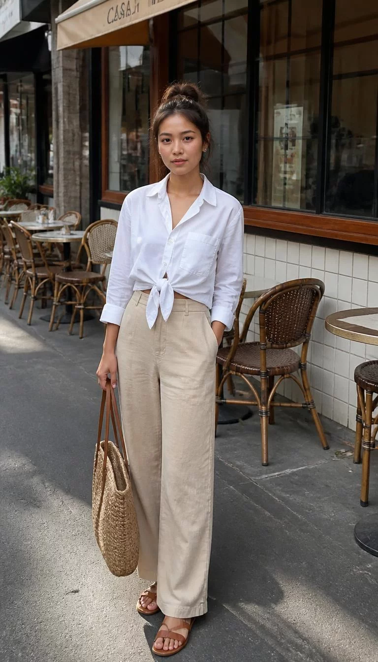 Tied White Shirt and Beige Trousers A photorealistic full body shot of a 30-year-old Southeast Asian woman with a round face, tan, button nose, thin arched eyebrows, and full lips. Her face features widow's peak hairline, slightly flushed cheeks, and subtle natural facial asymmetry. She has downturned green eyes, high cheekbones, neutral expression, confident. She is slim with brunette hair in a messy bun hair and is wearing a long-sleeved white shirt tied at the waist, beige trousers, and a straw bag, an outdoor street cafe, no people in the background, high-quality mobile photography, shot on an iPhone 14.