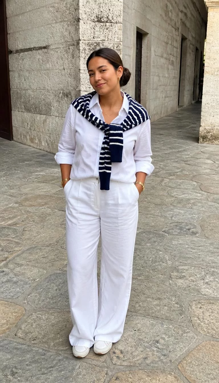White Blouse and Trousers with Draped Striped Sweater A photorealistic full body shot of a 28-year-old Latina woman with a round face, deep brown, narrow nose, softly curved eyebrows, and wide lips. Her face features slightly crooked smile, subtle acne marks, and subtle natural facial asymmetry. She has monolid blue eyes, pronounced cheekbones, closed-mouth smile, cheerful. She is average build with brunette hair in a low bun hair and is wearing a white blouse, matching white trousers, and a navy striped sweater draped over her shoulders, a stone courtyard area, no people in the background, high-quality mobile photography, shot on an iPhone 14.