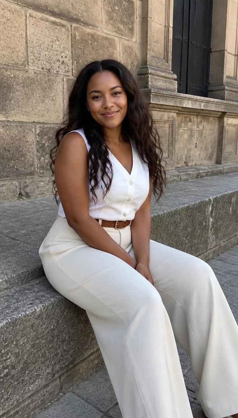 Sleeveless Button Down with Wide Leg Trousers A photorealistic full body shot of a 27-year-old Afro-Caribbean woman with a round face, olive, narrow nose, thick natural eyebrows, and thin lips. Her face features widow's peak hairline, a few laugh lines, and subtle natural facial asymmetry. She has round hazel eyes, rounded cheeks, closed-mouth smile, relaxed. She is curvy build with brunette loose wavy hair and is wearing a sleeveless white button-down top, cream wide-leg trousers, and a thin brown belt, sitting on a stone ledge by an old building, no people in the background, high-quality mobile photography, shot on an iPhone 14.