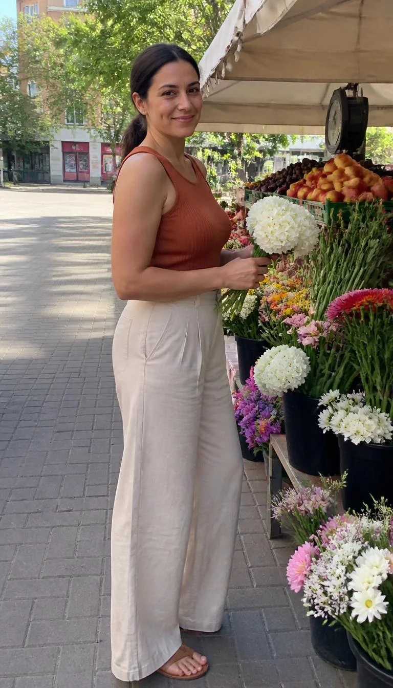 Rusty Orange Top and Beige Wide Leg Pants A photorealistic full body shot of a 34-year-old Eastern European woman with a oblong face, dark brown, narrow nose, straight eyebrows, and thin lips. Her face features dimples, visible pores, and subtle natural facial asymmetry. She has upturned dark brown eyes, rounded cheeks, broad smile, confident. She is curvy build with brunette hair in a low ponytail hair and is wearing a sleeveless ribbed rusty-orange top and beige wide-leg pants, browsing flowers and fruit at an outdoor street market, no people in the background, high-quality mobile photography, shot on an iPhone 14.