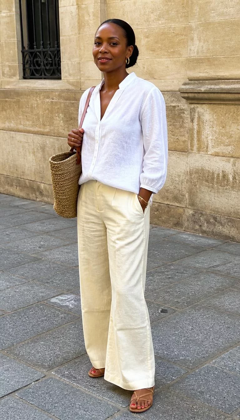 White Blouse and Linen Wide Leg Pants A photorealistic full body shot of a 47-year-old Black African woman with a round face, dark brown, upturned nose, thin arched eyebrows, and full lips. Her face features slightly crooked smile, visible pores, and subtle natural facial asymmetry. She has upturned dark brown eyes, pronounced cheekbones, closed-mouth smile, cheerful. She is athletic build with brunette hair in a low bun hair and is wearing a white loose-fitting blouse, cream linen wide-leg pants, and a large woven straw bag, standing outdoors on stone pavement, no people in the background, high-quality mobile photography, shot on an iPhone 14.