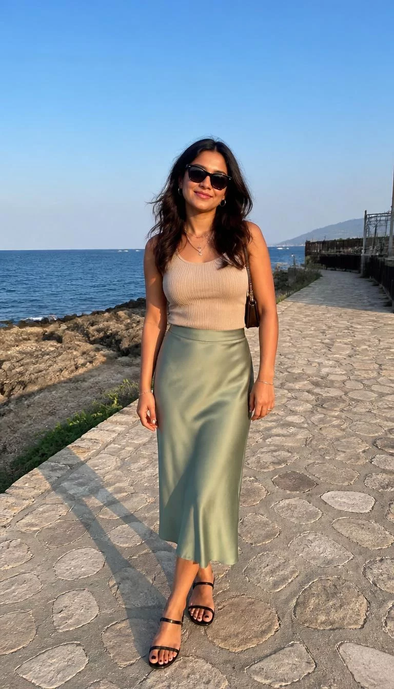 Beige Ribbed Tank Top and Sage Green Silky Skirt A photorealistic full body shot of a 28-year-old South Asian woman with a oval face, golden brown, broad nose, softly curved eyebrows, and heart-shaped lips. Her face features uneven eyebrows, light freckles, and subtle natural facial asymmetry. She has deep-set dark brown eyes, high cheekbones, broad smile, relaxed. She is petite with brunette loose wavy hair and is wearing a beige ribbed tank top, a silky sage green midi skirt, and black sunglasses, a stone seaside path, no people in the background, high-quality mobile photography, shot on an iPhone 14.