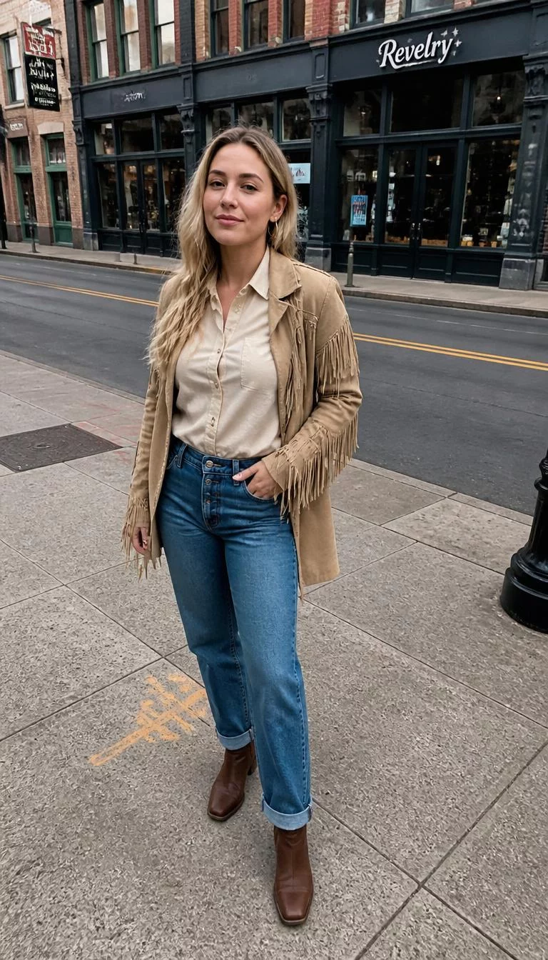 Fringe Jacket and Blue Jeans A photorealistic full body shot of a 33-year-old Eastern European woman with a square face, dark brown, aquiline nose, thick natural eyebrows, and full lips. Her face features small scar on the eyebrow, visible pores, and subtle natural facial asymmetry. She has monolid brown eyes, rounded cheeks, closed-mouth smile, confident. She is petite with blonde wavy hair and is wearing a beige shirt, fringe jacket, blue jeans, and brown boots, Nashville street setting with urban buildings, no people in the background, high-quality mobile photography, shot on an iPhone 14.