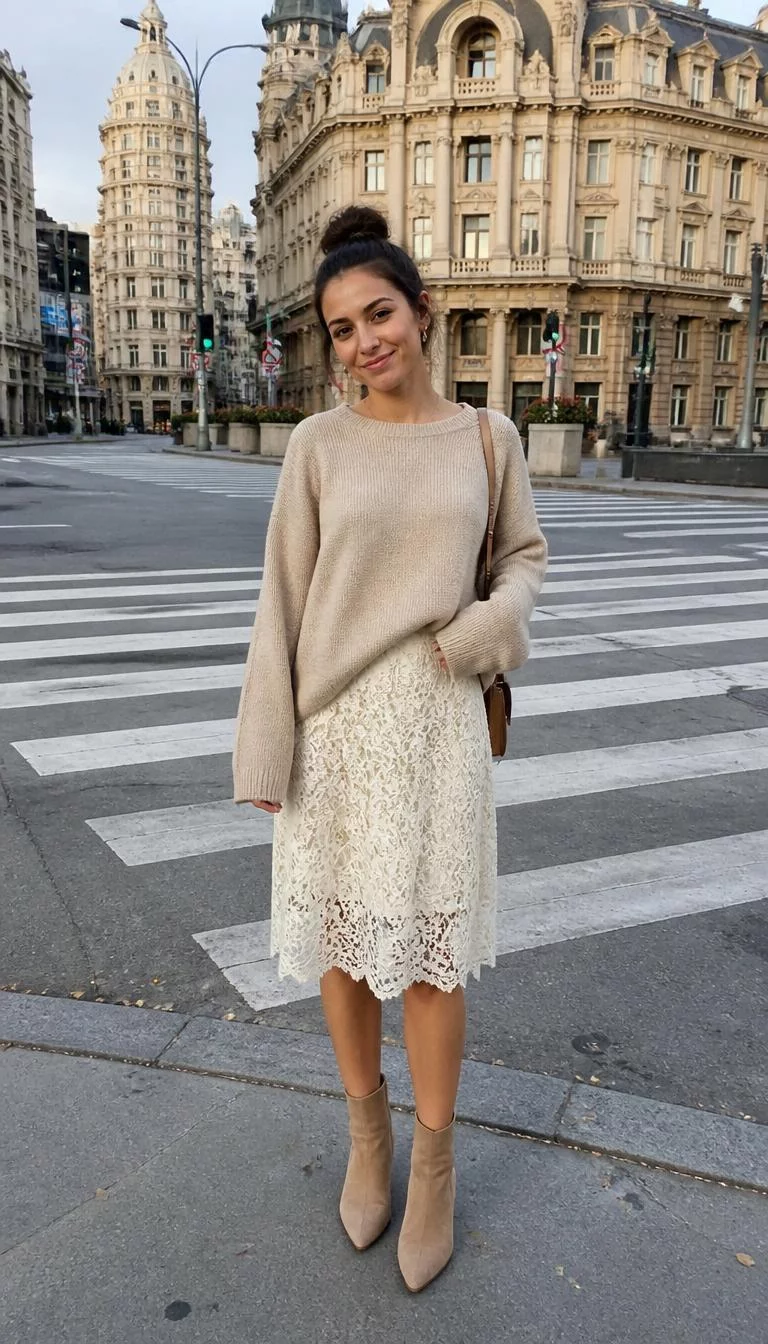 Beige Knit Sweater and White Lace Skirt A photorealistic full body shot of a 32-year-old Eastern European woman with a square face, olive, broad nose, thick natural eyebrows, and wide lips. Her face features uneven eyebrows, slightly flushed cheeks, and subtle natural facial asymmetry. She has hooded green eyes, soft cheekbones, subtle smile, playful. She is petite with dark hair in a high bun and is wearing a beige knit sweater, white lace skirt, and tan ankle boots, busy city crosswalk, no people in the background, high-quality mobile photography, shot on an iPhone 14.
