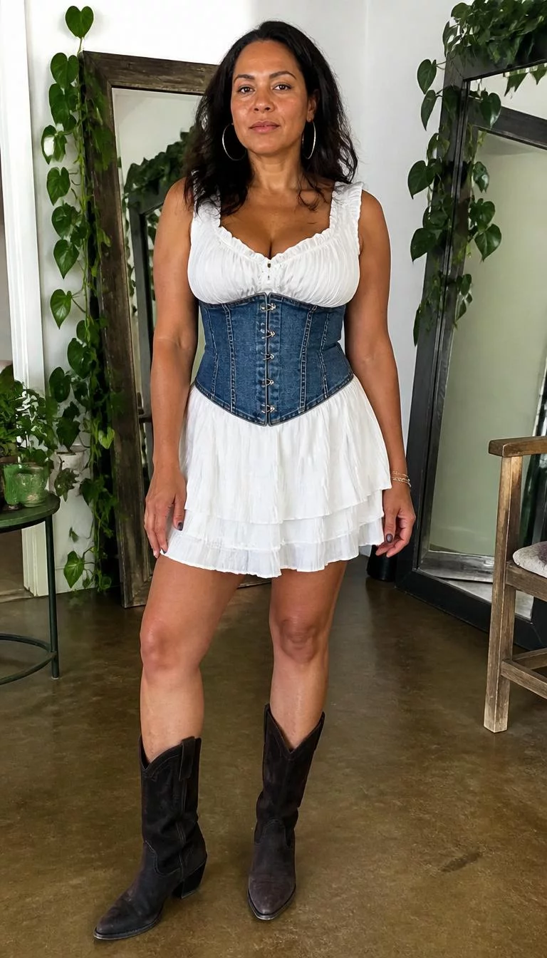 White Layered Mini Dress and Denim Corset A photorealistic full body shot of a 49-year-old Mixed-race woman with a square face, deep brown, button nose, thick natural eyebrows, and full lips. Her face features small scar on the eyebrow, visible pores, and subtle natural facial asymmetry. She has downturned hazel eyes, high cheekbones, neutral expression, relaxed. She is curvy build with dark hair and is wearing a white layered mini dress, denim corset, and dark boots, indoor space decorated with mirror and greenery, no people in the background, high-quality mobile photography, shot on an iPhone 14.