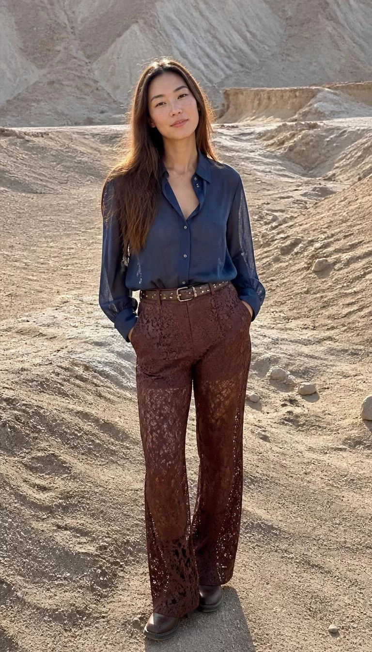 Blue Button Down Shirt and Brown Lace Pants A photorealistic full body shot of a 36-year-old East Asian woman with a oblong face, tan, upturned nose, softly curved eyebrows, and heart-shaped lips. Her face features faint freckles across the nose, slightly flushed cheeks, and subtle natural facial asymmetry. She has monolid blue eyes, soft cheekbones, broad smile, thoughtful. She is athletic build with brown long straight hair and is wearing a blue button-down shirt, brown lace pants, and a studded belt, sandy desert-like setting, no people in the background, high-quality mobile photography, shot on an iPhone 14.