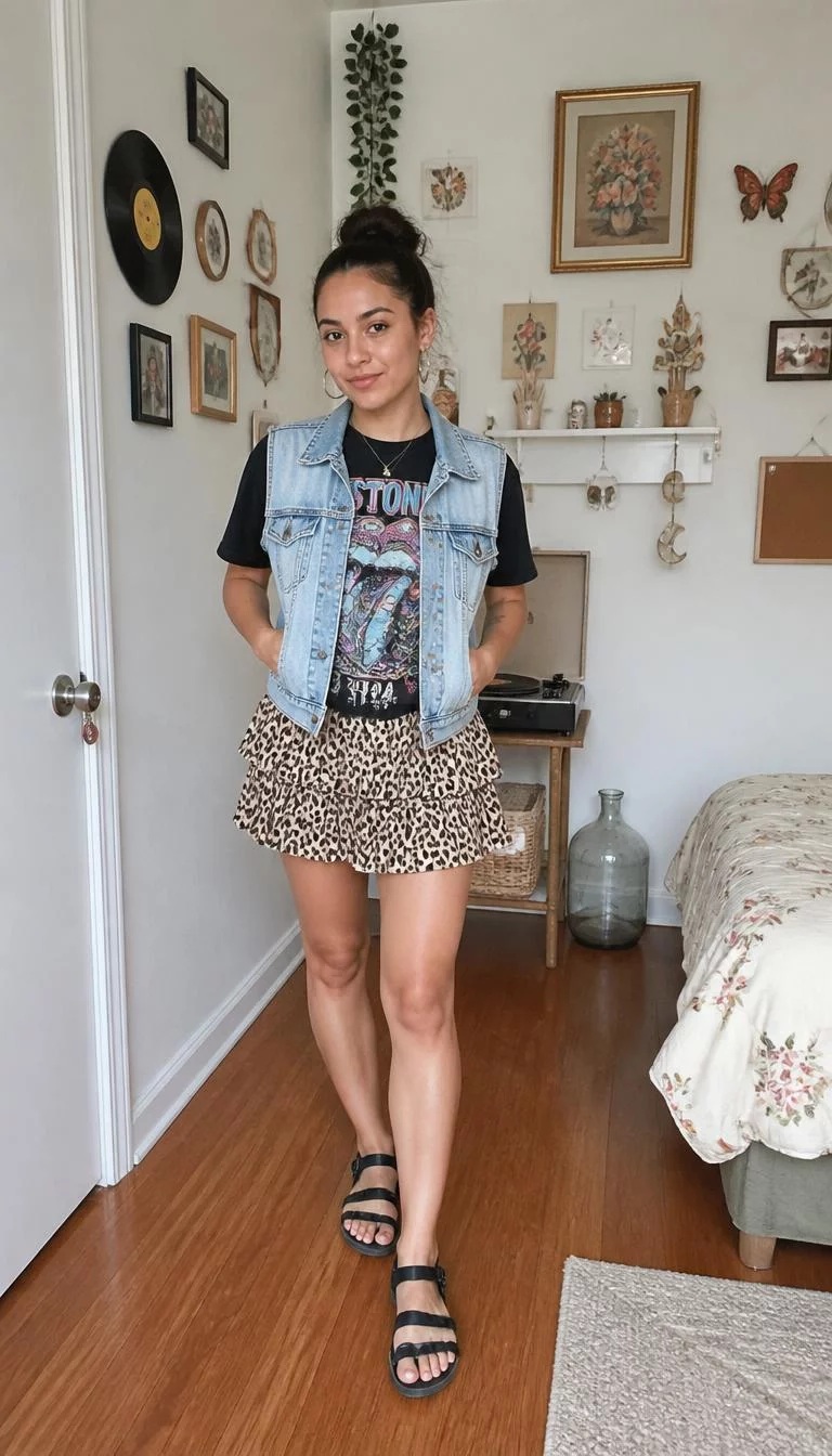 Graphic Tee and Leopard Print Ruffle Skirt A photorealistic full body shot of a 30-year-old Mixed-race woman with a oblong face, fair, rounded nose, thick natural eyebrows, and thin lips. Her face features widow's peak hairline, visible pores, and subtle natural facial asymmetry. She has almond-shaped gray eyes, rounded cheeks, subtle smile, playful. She is petite with brown hair in a bun and is wearing a graphic tee, denim vest, leopard-print ruffle skirt, and sandals, room with decorated walls, no people in the background, high-quality mobile photography, shot on an iPhone 14.