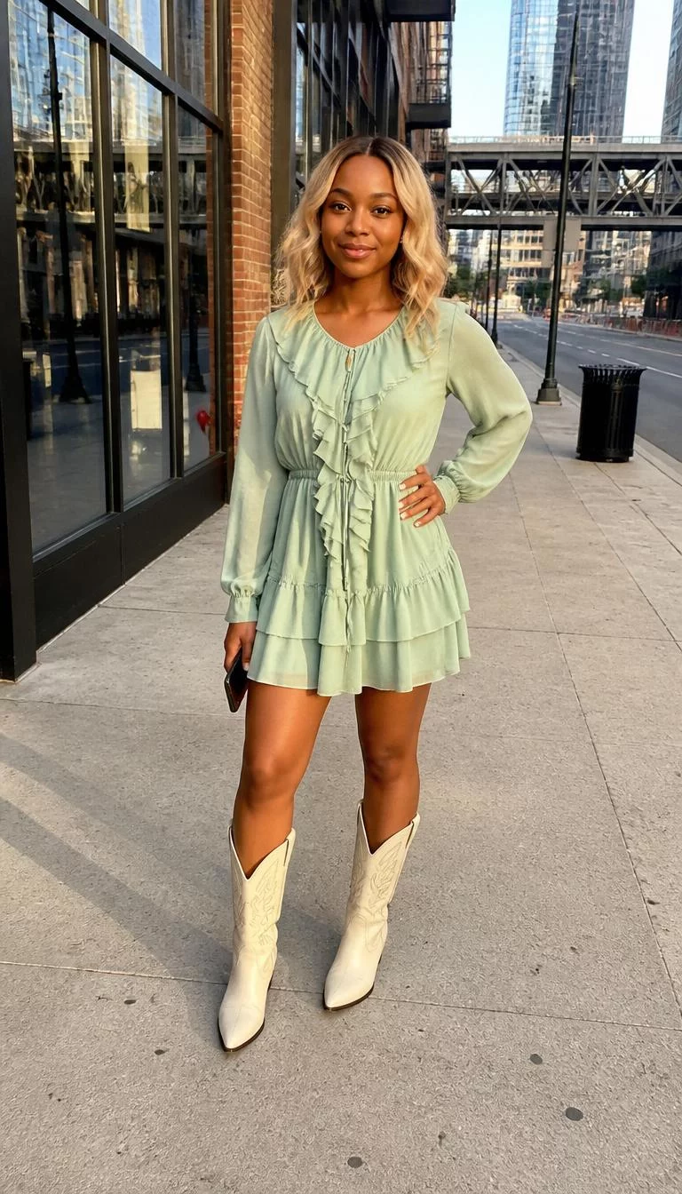 Light Green Ruffled Dress and Cream Boots A photorealistic full body shot of a 23-year-old Black African woman with a pear-shaped face, tan, broad nose, thin arched eyebrows, and thin lips. Her face features dimples, visible pores, and subtle natural facial asymmetry. She has monolid gray eyes, soft cheekbones, closed-mouth smile, confident. She is average build with blonde wavy hair and is wearing a light green ruffled dress and cream western boots, Nashville city sidewalk, no people in the background, high-quality mobile photography, shot on an iPhone 14.