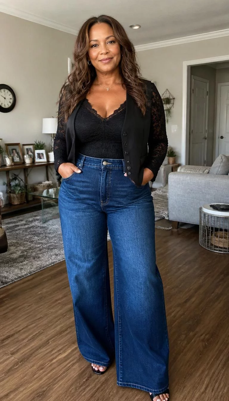 Black Lace Top and Wide Leg Denim A photorealistic full body shot of a 44-year-old Afro-Caribbean woman with a diamond face, dark brown, aquiline nose, feathered eyebrows, and wide lips. Her face features widow's peak hairline, light freckles, and subtle natural facial asymmetry. She has downturned gray eyes, soft cheekbones, subtle smile, cheerful. She is curvy build with wavy brown hair and is wearing a black lace top, vest, and wide-leg denim jeans, living room with casual home decor, no people in the background, high-quality mobile photography, shot on an iPhone 14.