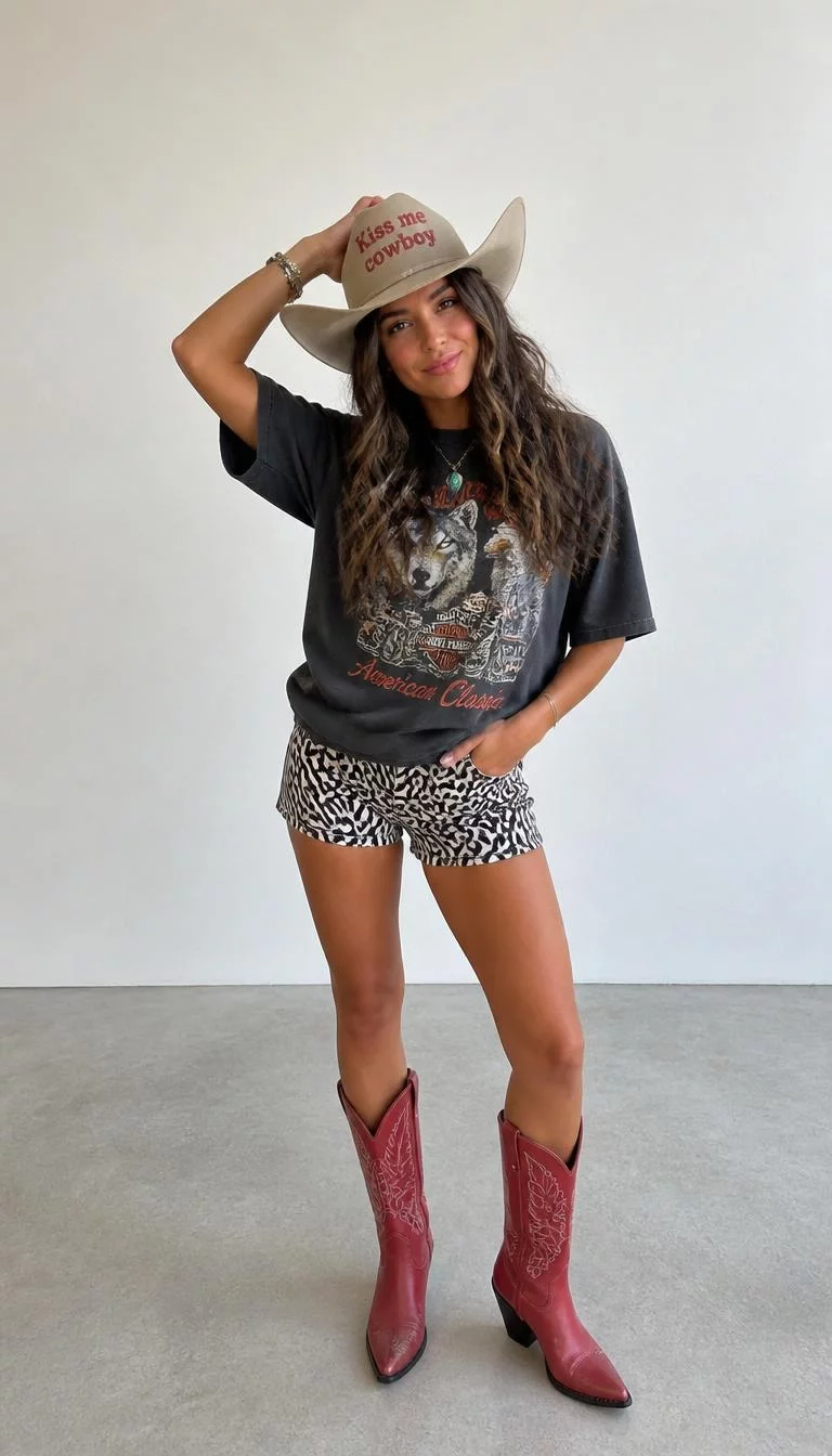 Zebra Print Shorts and Red Western Boots A photorealistic full body shot of a 30-year-old Latina woman with a oblong face, olive, upturned nose, feathered eyebrows, and full lips. Her face features uneven eyebrows, a few laugh lines, and subtle natural facial asymmetry. She has downturned blue eyes, high cheekbones, subtle smile, playful. She is petite with long wavy hair and is wearing a dark grey graphic tee, zebra-print shorts, red western boots, and a