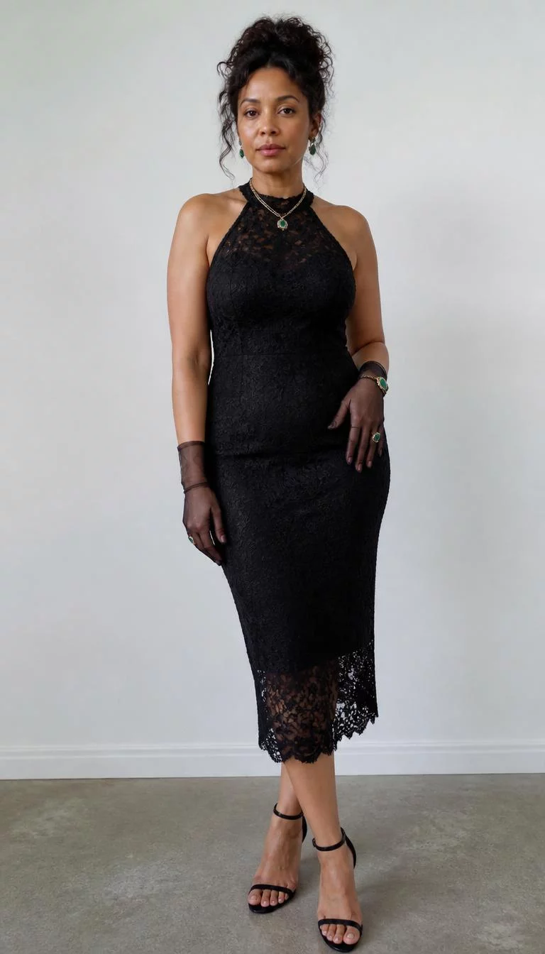 Lace Halter Midi Dress And Sheer Gloves A photorealistic full body shot of a 41-year-old Afro-Caribbean woman with a pear-shaped face, light, upturned nose, thick natural eyebrows, and full lips. Her face features beauty mark near the lip, subtle acne marks, and subtle natural facial asymmetry. She has monolid amber eyes, high cheekbones, neutral expression, relaxed. She is average build with dark brown hair in a voluminous updo and is wearing a black lace halter midi dress, black sheer gloves, green gemstone jewelry, and black strapped heels, against a clean minimalist light-grey background, no people in the background, high-quality mobile photography, shot on an iPhone 14.
