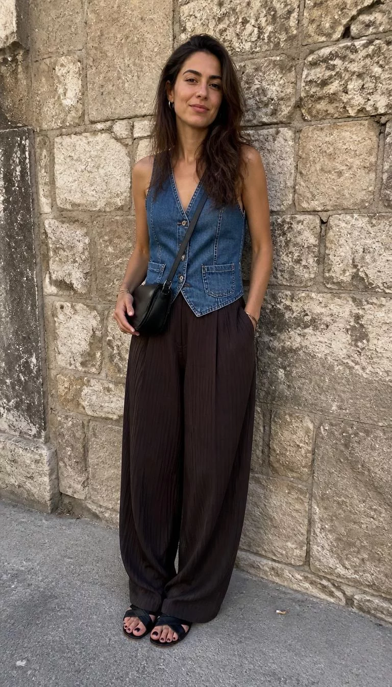 Denim Vest And Chocolate Pleated Trousers A photorealistic full body shot of a 35-year-old Middle Eastern woman with a oblong face, olive, aquiline nose, straight eyebrows, and full lips. Her face features faint freckles across the nose, a few laugh lines, and subtle natural facial asymmetry. She has upturned hazel eyes, high cheekbones, closed-mouth smile, confident. She is slim with brown wavy hair and is wearing a blue denim vest, dark chocolate pleated wide-leg trousers, black sandals, and a black crossbody bag, outdoors against an old stone wall, no people in the background, high-quality mobile photography, shot on an iPhone 14.