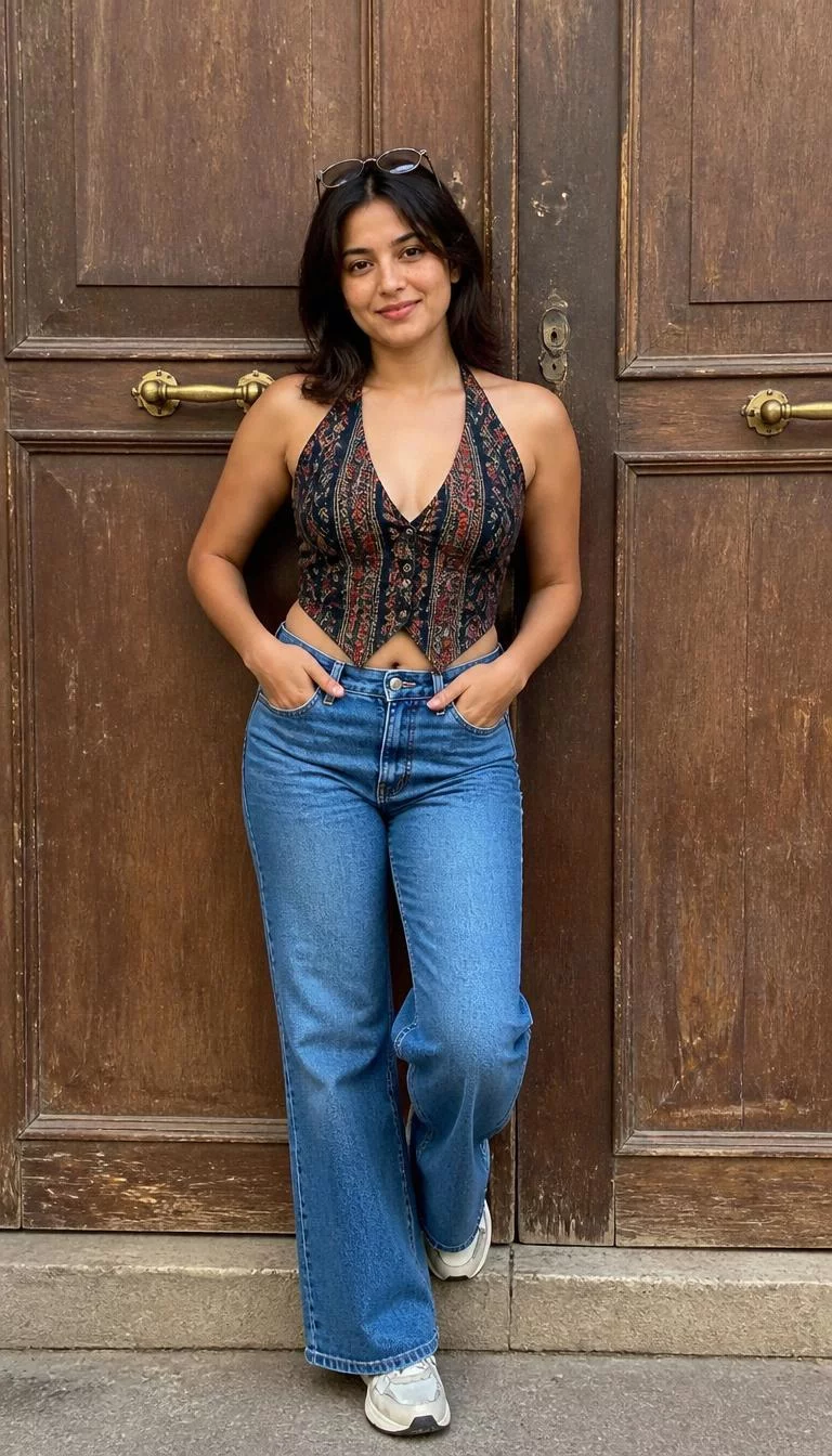 Patterned Halter Vest And High Waisted Jeans A photorealistic full body shot of a 33-year-old South Asian woman with a oval face, light, narrow nose, thin arched eyebrows, and wide lips. Her face features slightly crooked smile, light freckles, and subtle natural facial asymmetry. She has downturned amber eyes, soft cheekbones, subtle smile, cheerful. She is petite with dark brown feathered hair and perched sunglasses and is wearing a patterned deep-V halter vest and high-waisted blue jeans, standing against a rustic wooden door, no people in the background, high-quality mobile photography, shot on an iPhone 14.