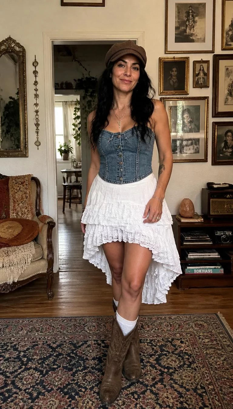 Denim Corset Top And White Layered Skirt A photorealistic full body shot of a 46-year-old Mediterranean woman with a pear-shaped face, fair, button nose, thick natural eyebrows, and wide lips. Her face features faint freckles across the nose, visible pores, and subtle natural facial asymmetry. She has almond-shaped hazel eyes, pronounced cheekbones, broad smile, thoughtful. She is slim with black wavy hair and is wearing a brown newsboy cap, blue denim corset top, white layered skirt, white socks, and brown cowgirl boots, inside a cozy, boho-decorated room featuring vintage accents, no people in the background, high-quality mobile photography, shot on an iPhone 14.