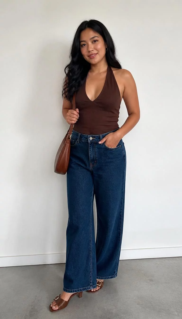 Brown Halter Top And Buckled Mules A photorealistic full body shot of a 37-year-old Southeast Asian woman with a pear-shaped face, dark brown, rounded nose, feathered eyebrows, and heart-shaped lips. Her face features gap between front teeth, slightly flushed cheeks, and subtle natural facial asymmetry. She has hooded gray eyes, soft cheekbones, closed-mouth smile, confident. She is athletic build with black wavy hair and is wearing a brown halter top, wide-leg blue jeans, brown buckled mules, and a brown leather bag, against a plain off-white background, no people in the background, high-quality mobile photography, shot on an iPhone 14.