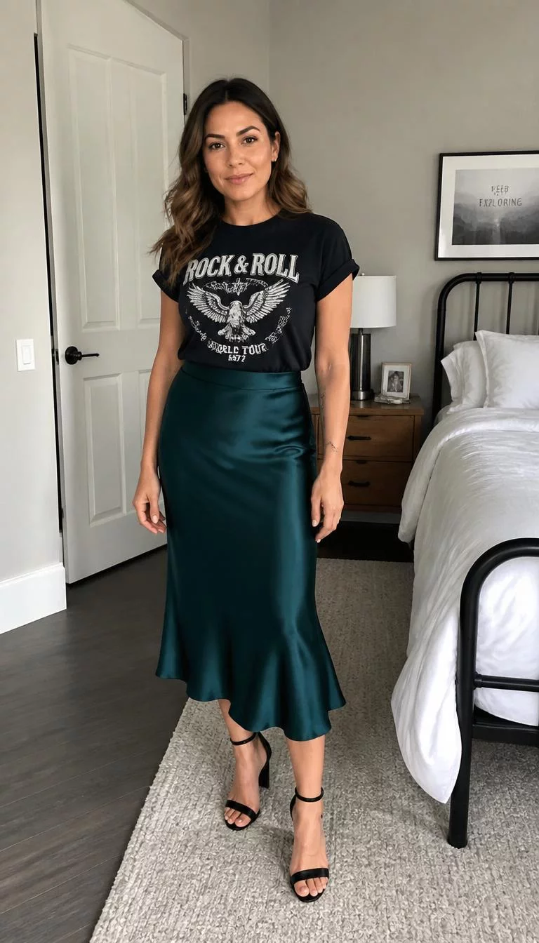 Rock & Roll T Shirt And Teal Satin Skirt A photorealistic full body shot of a 39-year-old Latina woman with a oblong face, golden brown, aquiline nose, feathered eyebrows, and heart-shaped lips. Her face features small scar on the eyebrow, subtle acne marks, and subtle natural facial asymmetry. She has round blue eyes, rounded cheeks, closed-mouth smile, relaxed. She is slim with chestnut-brown wavy hair and is wearing a black graphic Rock & Roll t-shirt tucked into a dark teal satin midi skirt, paired with black ankle-strap heels, in a bedroom, no people in the background, high-quality mobile photography, shot on an iPhone 14.