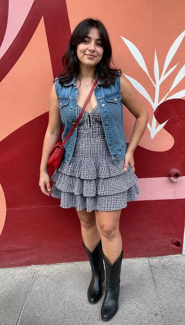Denim Vest And Gingham Ruffle Dress A photorealistic full body shot of a 26-year-old Southern European woman with a diamond face, light, broad nose, softly curved eyebrows, and full lips. Her face features dimples, faint under-eye shadows, and subtle natural facial asymmetry. She has upturned gray eyes, rounded cheeks, closed-mouth smile, relaxed. She is curvy build with dark brown hair in a layered curtain-bang hairstyle and is wearing a blue denim vest over a black and white gingham ruffle dress, black boots, and a red crossbody bag, against a decorated wall, no people in the background, high-quality mobile photography, shot on an iPhone 14.