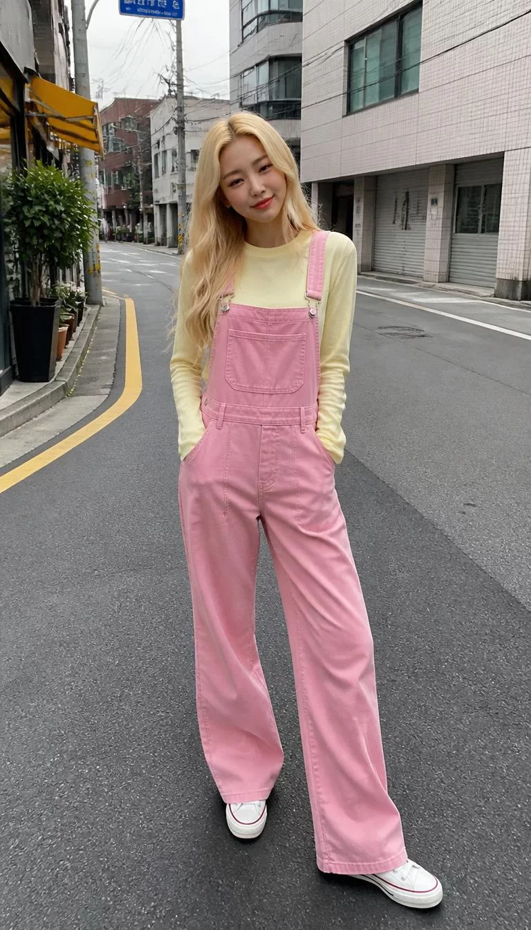 Pink Overalls And Yellow Top A photorealistic full body shot of a 24-year-old East Asian woman with a oblong face, dark brown, button nose, softly curved eyebrows, and full lips. Her face features faint freckles across the nose, slightly flushed cheeks, and subtle natural facial asymmetry. She has monolid blue eyes, soft cheekbones, broad smile, playful. She is slim with blonde center-parted wavy hair and is wearing a long-sleeved yellow top under pink denim overalls, on a city street, no people in the background, high-quality mobile photography, shot on an iPhone 14.