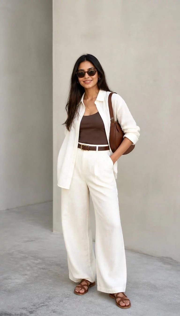Cream Linen Shirt And Trousers A photorealistic full body shot of a 32-year-old South Asian woman with a oval face, deep brown, upturned nose, straight eyebrows, and full lips. Her face features beauty mark near the lip, light freckles, and subtle natural facial asymmetry. She has hooded dark brown eyes, high cheekbones, broad smile, playful. She is petite with dark brown straight hair and is wearing a cream linen shirt, brown camisole, cream trousers, a brown leather belt, leather sandals, and brown sunglasses, against a neutral minimalist background, no people in the background, high-quality mobile photography, shot on an iPhone 14.
