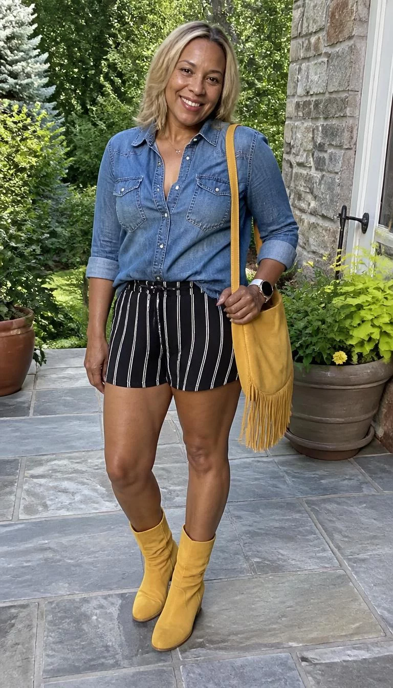 Denim Button Down And Striped Shorts A photorealistic full body shot of a 47-year-old Afro-Caribbean woman with a round face, deep brown, upturned nose, thick natural eyebrows, and thin lips. Her face features faint freckles across the nose, light freckles, and subtle natural facial asymmetry. She has monolid amber eyes, rounded cheeks, broad smile, cheerful. She is athletic build with blonde shoulder-length straight hair and is wearing a blue denim button-down, black and white striped shorts, and yellow mid-calf boots, on a stone patio, carrying a yellow suede bag, no people in the background, high-quality mobile photography, shot on an iPhone 14.