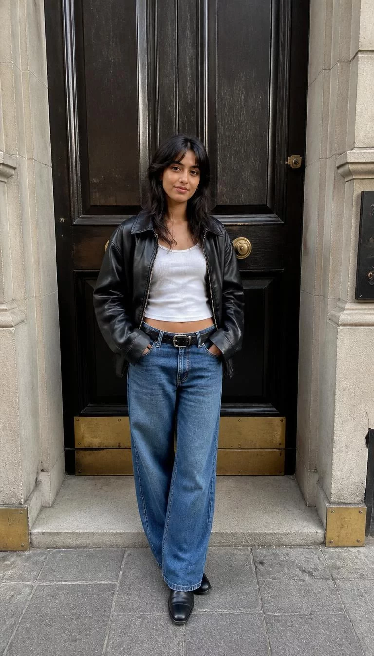 White Tank Top And Oversized Leather Jacket A photorealistic full body shot of a 23-year-old South Asian woman with a heart-shaped face, deep brown, button nose, straight eyebrows, and heart-shaped lips. Her face features uneven eyebrows, subtle acne marks, and subtle natural facial asymmetry. She has upturned amber eyes, pronounced cheekbones, closed-mouth smile, relaxed. She is slim with dark brown layered curtain-bang hair and is wearing a white tank top, oversized black leather jacket, baggy blue jeans, and a black leather belt, posing against a classical doorway in a city, no people in the background, high-quality mobile photography, shot on an iPhone 14.