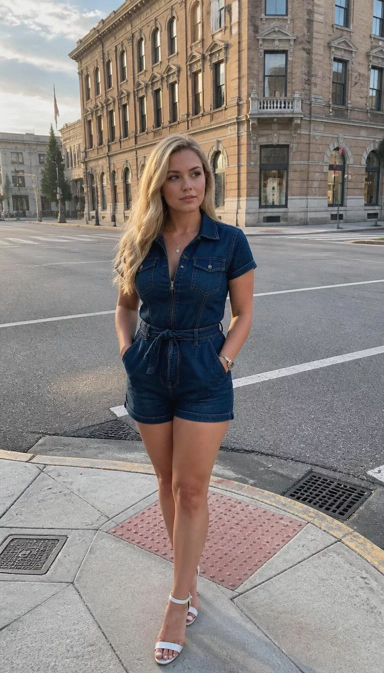 A photorealistic full body shot of a 32-year-old Eastern European woman with a square face, golden brown, button nose, feathered eyebrows, and full lips. Her face features slightly crooked smile, slightly flushed cheeks, and subtle natural facial asymmetry. She has upturned hazel eyes, rounded cheeks, neutral expression, thoughtful. She is curvy build with blonde long wavy hair and is wearing a dark blue denim short jumpsuit and white heels, standing on a city street corner, no people in the background, high-quality mobile photography, shot on an iPhone 14.