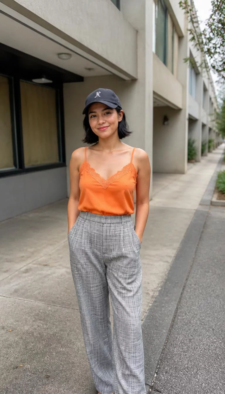 A photorealistic full body shot of a 28-year-old Southeast Asian woman with a oblong face, fair, rounded nose, thick natural eyebrows, and heart-shaped lips. Her face features slightly crooked smile, faint under-eye shadows, and subtle natural facial asymmetry. She has deep-set amber eyes, rounded cheeks, closed-mouth smile, cheerful. She is average build with short black hair and is wearing a baseball cap, an orange lace-trimmed camisole, and grey plaid trousers, standing on a city sidewalk, no people in the background, high-quality mobile photography, shot on an iPhone 14.