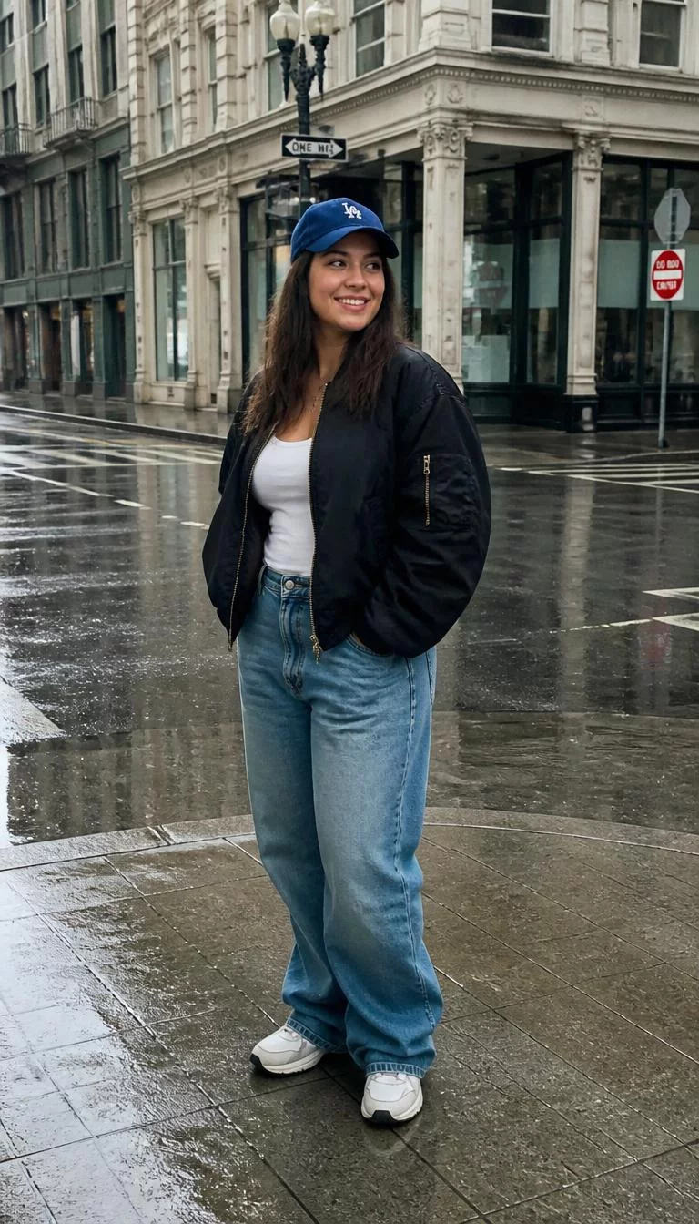 A photorealistic full body shot of a 35-year-old Mediterranean woman with a oblong face, olive, broad nose, feathered eyebrows, and full lips. Her face features gap between front teeth, visible pores, and subtle natural facial asymmetry. She has almond-shaped gray eyes, rounded cheeks, broad smile, thoughtful. She is curvy build with brown hair wearing a blue baseball cap, a black bomber jacket, white top, and blue baggy jeans, standing in a city intersection in the rain, no people in the background, high-quality mobile photography, shot on an iPhone 14.