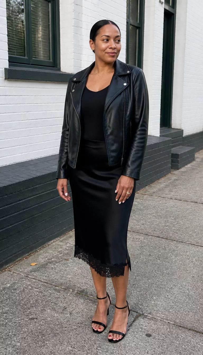 A photorealistic full body shot of a 39-year-old Mixed-race woman with a round face, deep brown, narrow nose, softly curved eyebrows, and full lips. Her face features uneven eyebrows, visible pores, and subtle natural facial asymmetry. She has upturned hazel eyes, soft cheekbones, subtle smile, playful. She is average build with black hair in a low sleek bun and is wearing a black top, a black leather jacket, and a black midi skirt with lace trim, standing near a white brick building, no people in the background, high-quality mobile photography, shot on an iPhone 14.